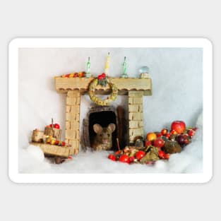 christmas George the mouse in a log pile house Sticker